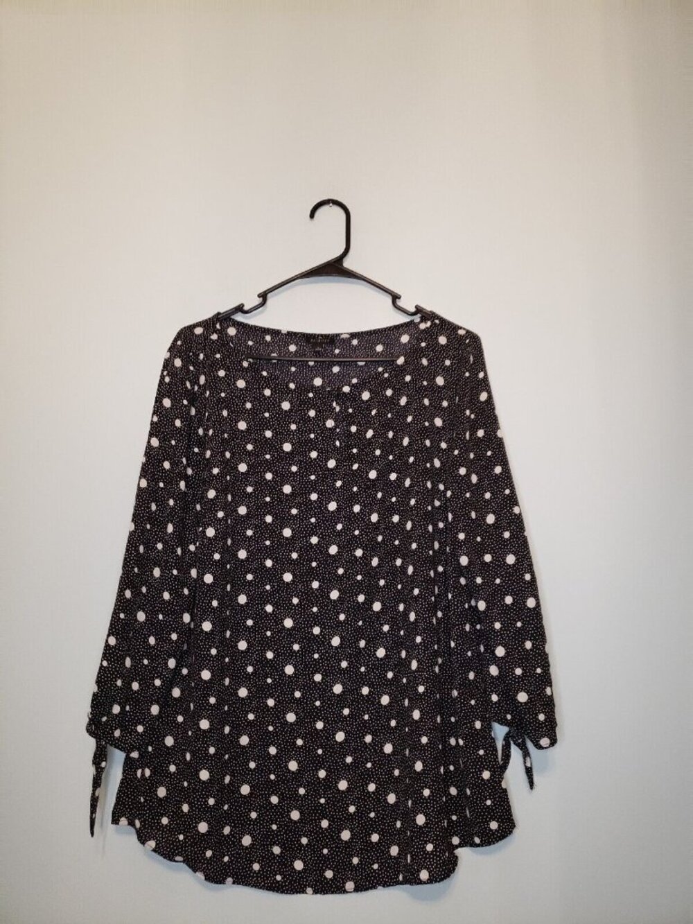 Talbots Womens L Blouse 3/4 Tie Sleeve Polka Dot Black Button Keyhole Semi Sheer